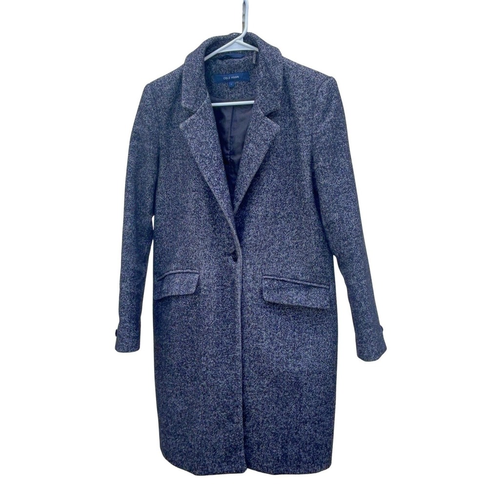 Cole Haan Womens Size 4 Herringbone Wool Blend Long Coat Notch Lapel Office Wear
